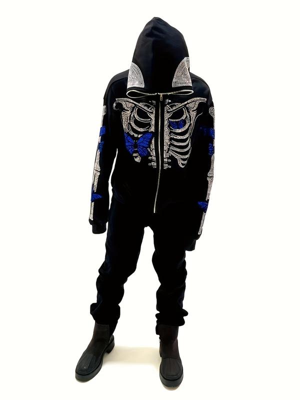 Women's Rhinestone Skull Print Zip Up Hoodie, Fashion Drop Shoulder Pocket Hooded Jacket, Women Clothes for Daily Holiday Outdoor Wear